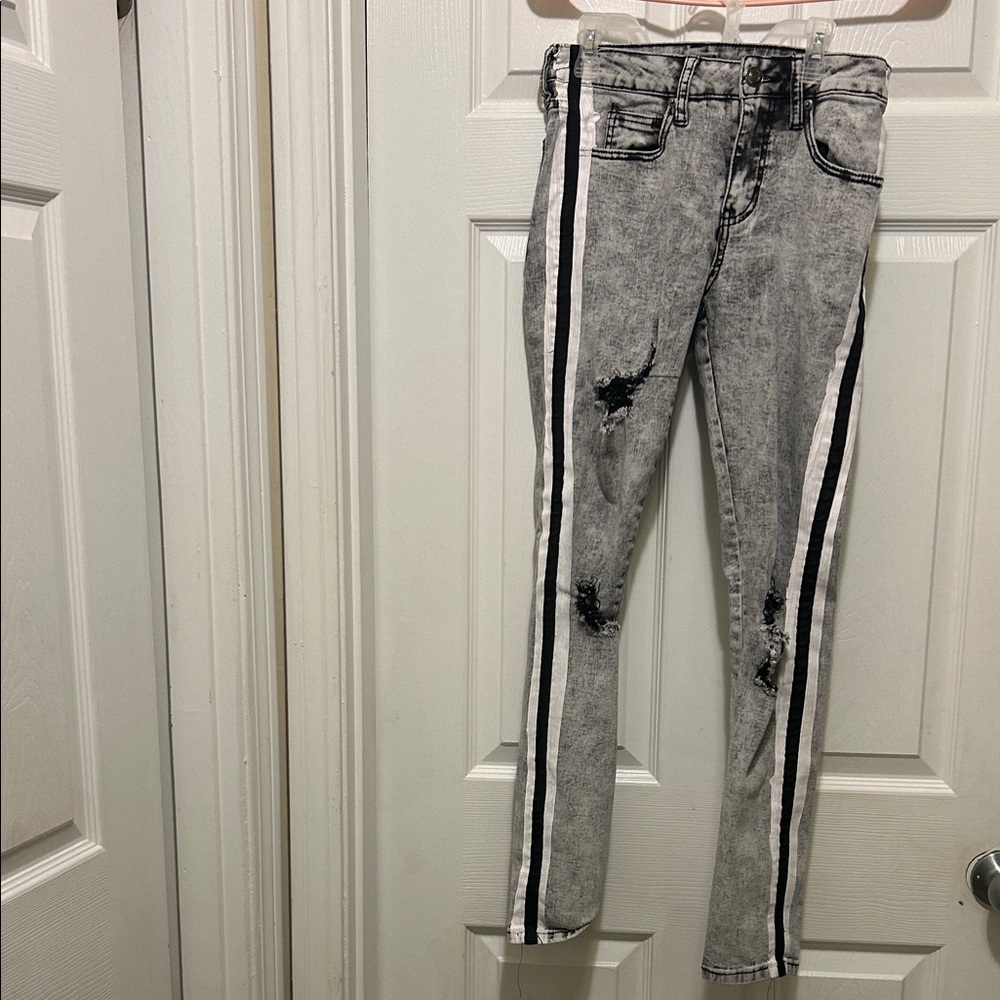 Cue Distressed Skinny Jeans with Stripes